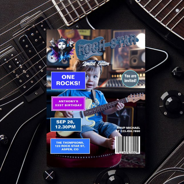 Invitation Rock Star "One Rocks !" Couverture de magazine 1er (Rock Star "One Rocks!" Magazine Cover 1st Birthday Invitation)