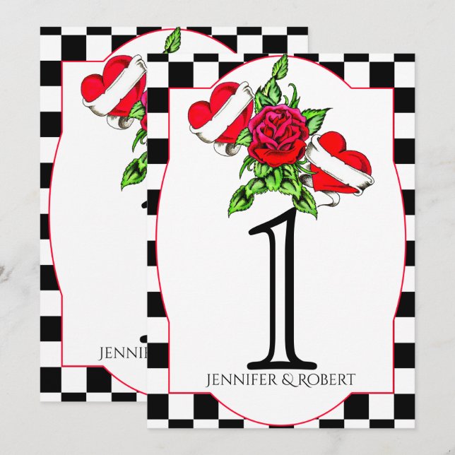 Invitation Rockabilly Hearts Rose Mariage Numéro de tableau (Devant / Derrière)