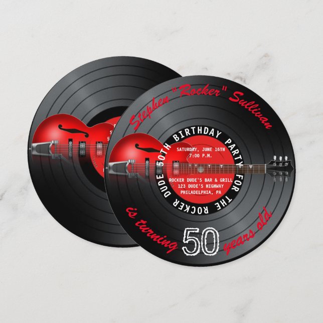Invitation Rocker Dude Guitar Record 50e fête d'anniversaire (Devant / Derrière)