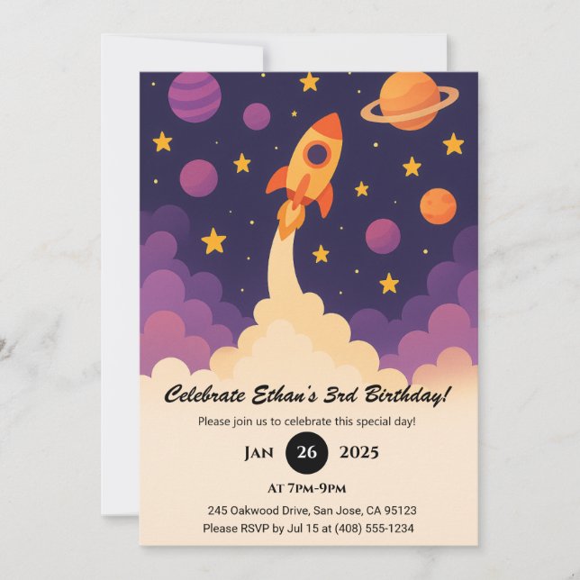 Invitation  Rocket Adventure & Purple Galaxy Birthday  (Devant)