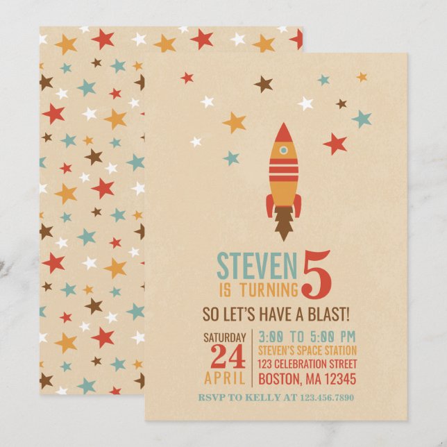 Invitation Rocket and Stars Thème spatial Anniversaire (Devant / Derrière)