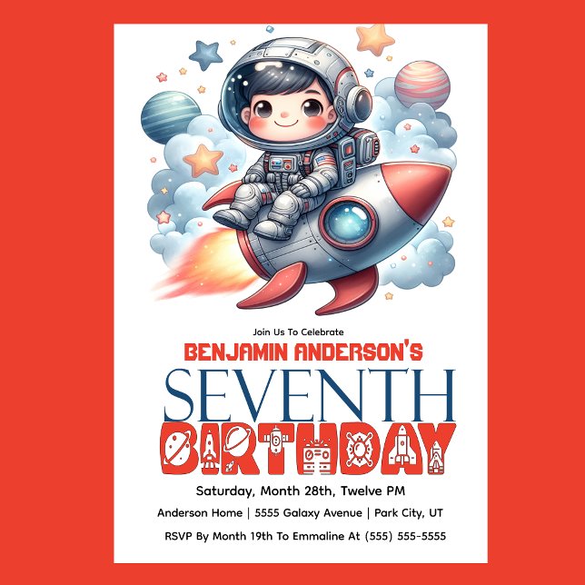 Invitation Rocket Astronaut Boy's 7th Birthday (Space astronaut boy riding rocket 7th birthday party invitation with planets and stars
)