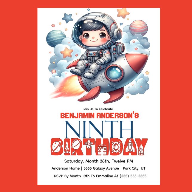 Invitation Rocket Astronaut Boy's 9th Birthday (Space astronaut boy riding rocket 9th birthday party invitation with planets and stars
)