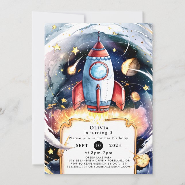 Invitation Rocket Space colorée Anniversaire (Devant)
