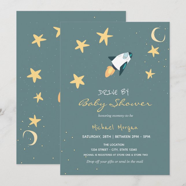 Invitation Rocket Stars Drive Par Baby shower (Devant / Derrière)
