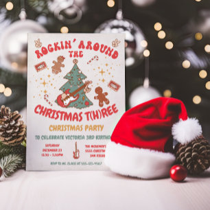 Invitation Rockin' Christmas Tree Hippie Anniversaire 3 fêtes