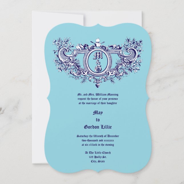 Invitation Rococo Baroque Cartouche Flaming Coeurs & Oiseaux (Devant)