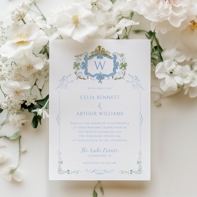 Invitation Rococo Blue Monogram Crest Wedding (Créateur téléchargé)