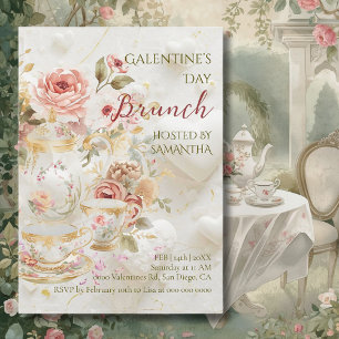 Invitation Rococó Floral Thé Galentine Brunch Pastels Doux