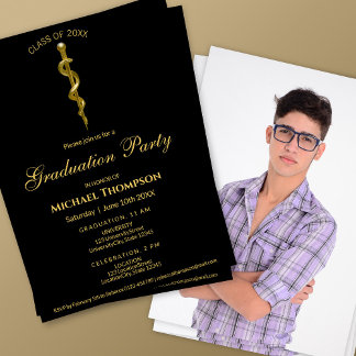 Invitation Rod Asclepius Medical Gold Black Graduation Photo