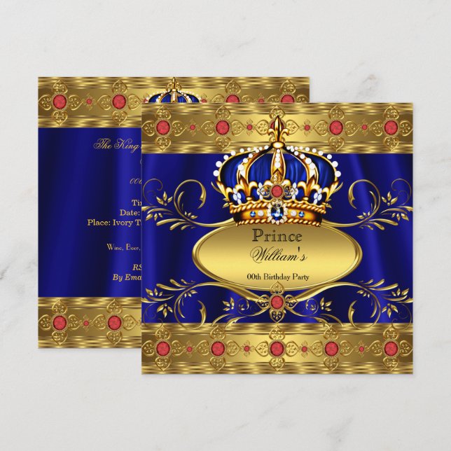 Invitation Roi Prince Royal Blue Regal Red Crown Anniversaire (Devant / Derrière)