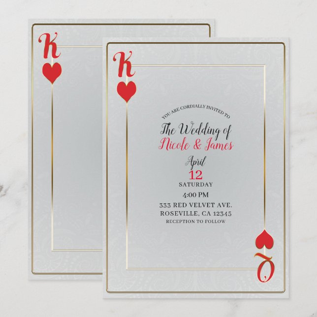 Invitation Roi rouge blanc & Reine des Coeurs Mariage élégant (Devant / Derrière)