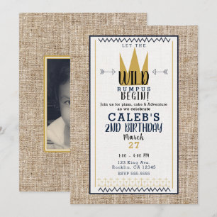 Invitation Roi Wild Thing Couronne Dorée Burlap Fête Photo