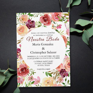 Invitation Roja Flores Boda Elegante Espanol espagnol Mariage