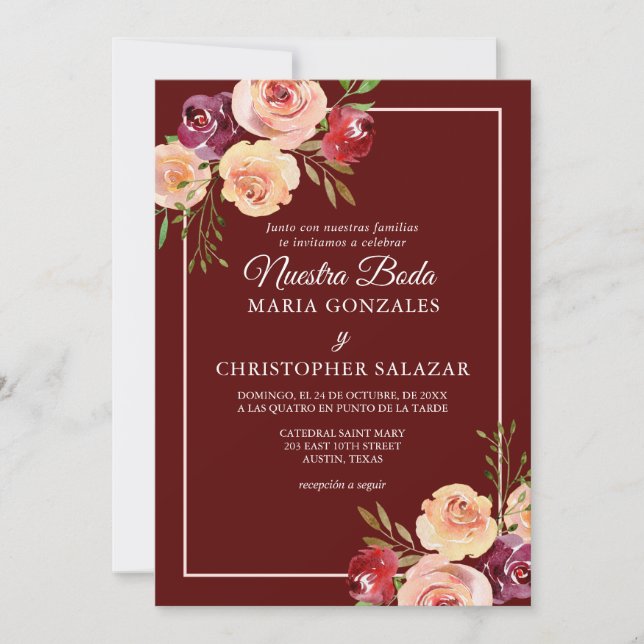 Invitation Roja Oro Flores Boda Elegante Español Mariage (Devant)