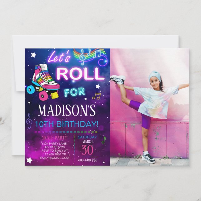 Invitation Roll Girl Skate Birthday Photo (Devant)