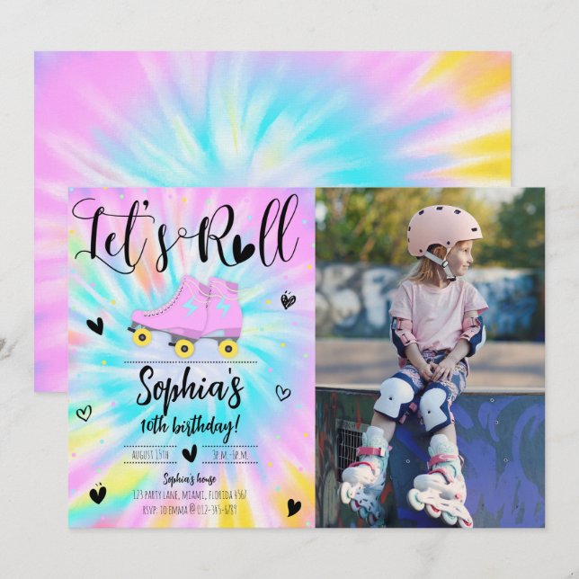 Invitation Roll Girl Tie Dye Photo fête d'anniversaire (Devant / Derrière)