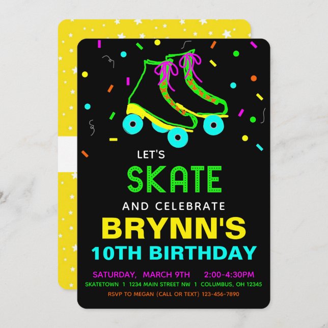 Invitation Roller Skate Neon fête d'anniversaire (Devant / Derrière)