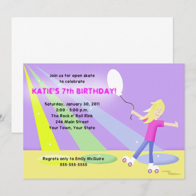Invitation ROLLER SKATE Rollerskate 5x7 Anniversaire - Blonde (Devant / Derrière)