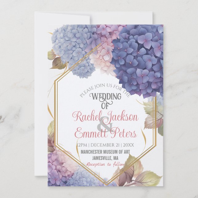 Invitation Romance Blue Hydrangea Blooms Mariage Gold Frame (Devant)