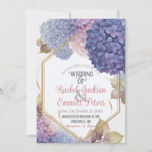Invitation Romance Blue Hydrangea Blooms Mariage Gold Frame