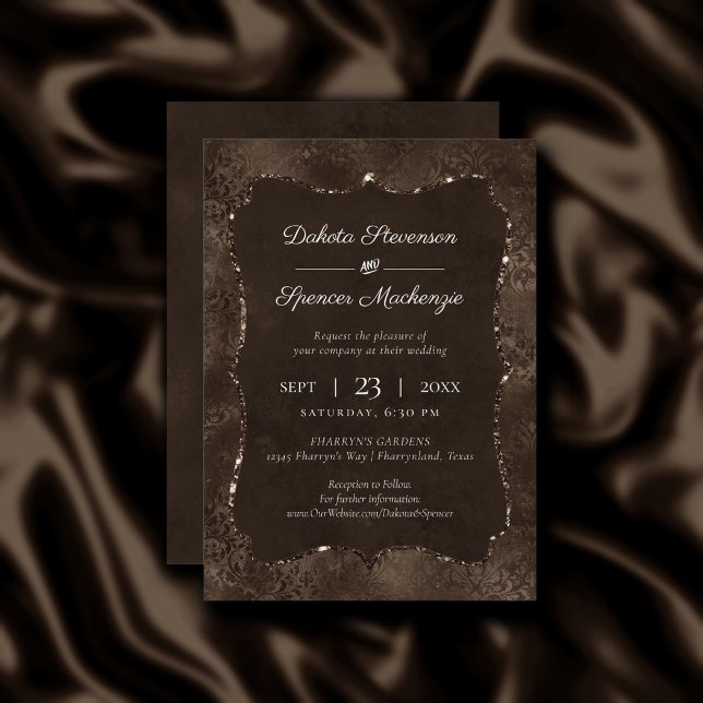 Invitation Romance en bronze de minuit | Satiny Grunge Damask (Créateur téléchargé)