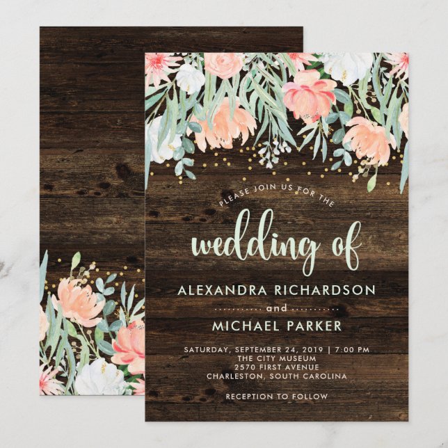 Invitation Romance florale rustique | Mariage aquarelle (Devant / Derrière)