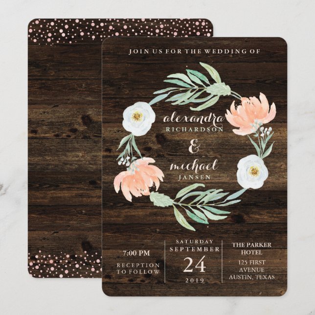 Invitation Romance Florale Rustique Wreath | MARIAGE (Devant / Derrière)