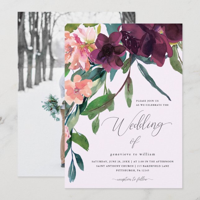 Invitation Romance rustique Belle aquarelle Mariage floral (Devant / Derrière)