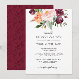 Invitation Romance rustique Bourgogne et Mariage floral rose