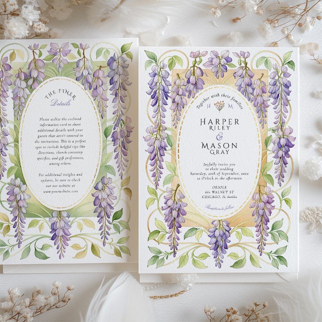 Invitation Romantic Art Nouveau Wisteria Gold Wedding (Créateur téléchargé)