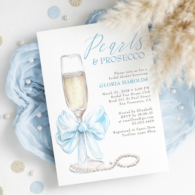 Invitation Romantic Blue Bow Pearls & Prosecco Bridal Shower (Pearls and Prosecco Dusty Blue Bow Elegant Bridal Shower Invitation)