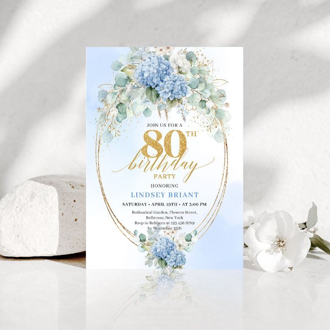 Invitation Romantic Blue Garden Floral 80th Birthday Invite (Romantic Blue Garden Floral 80th Birthday Invite)