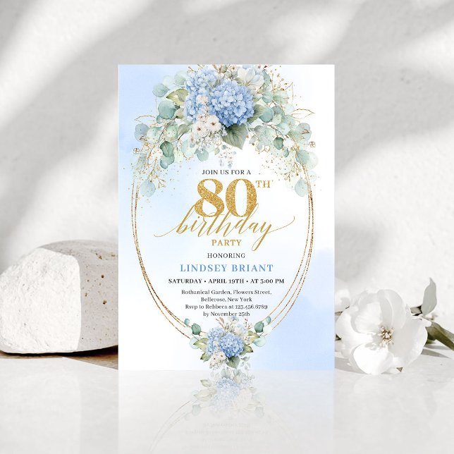 Invitation Romantic Blue Hydrangea Gold 80th Birthday Invite (Romantic Blue Hydrangea Gold 80th Birthday Invitation)