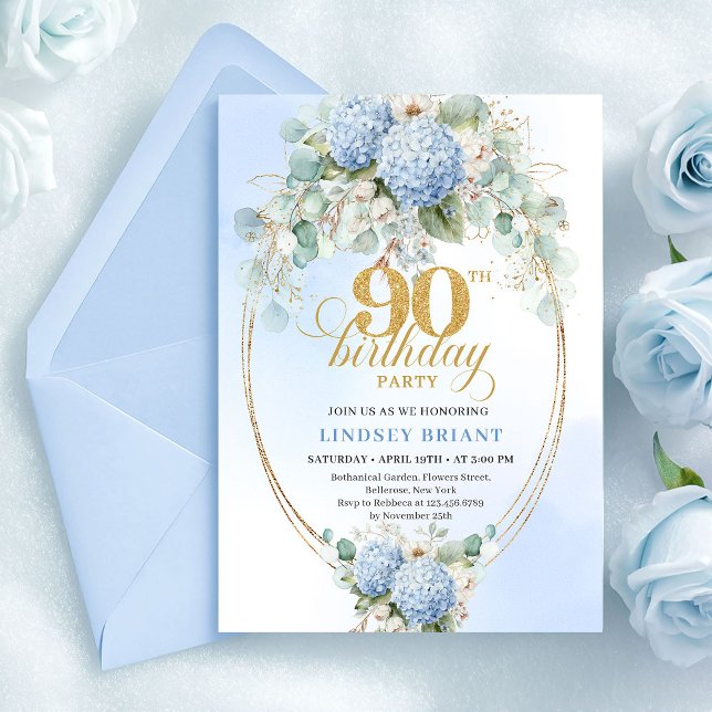 Invitation Romantic Blue Hydrangea Gold Frame 90th Birthday (Romantic Blue Hydrangea Gold Frame 90th Birthday)