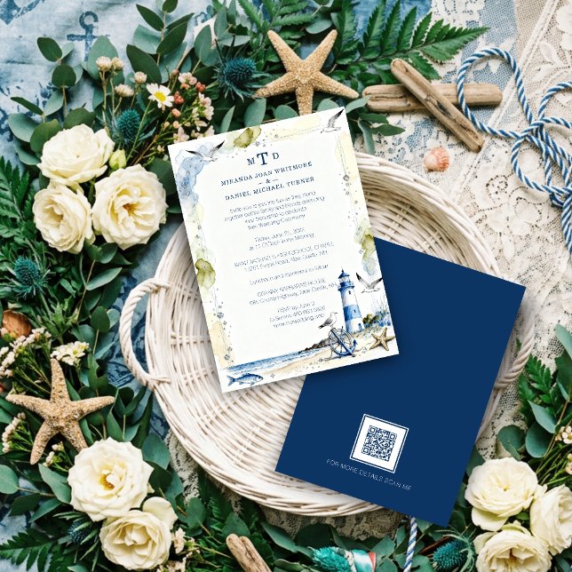 Invitation Romantic Blue Nautical Lighthouse Coastal Wedding (Romantic Blue Nautical Lighthouse & Coastal Wedding Beach Shore Marine Theme Invitation. )