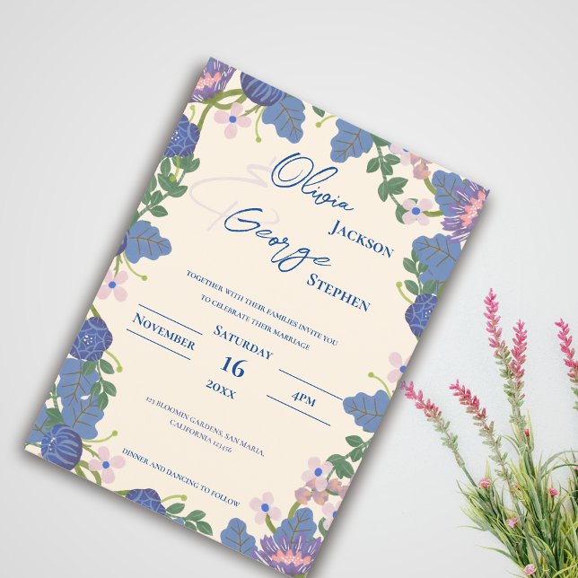 Invitation Romantic Blue & Purple Florals Garden Wedding (Romantic Blue & Purple Florals Garden Wedding Invitation)