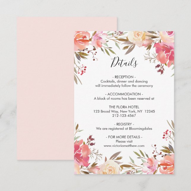 Invitation Romantic Blush Bloom Floral Détails du Mariage (Devant / Derrière)