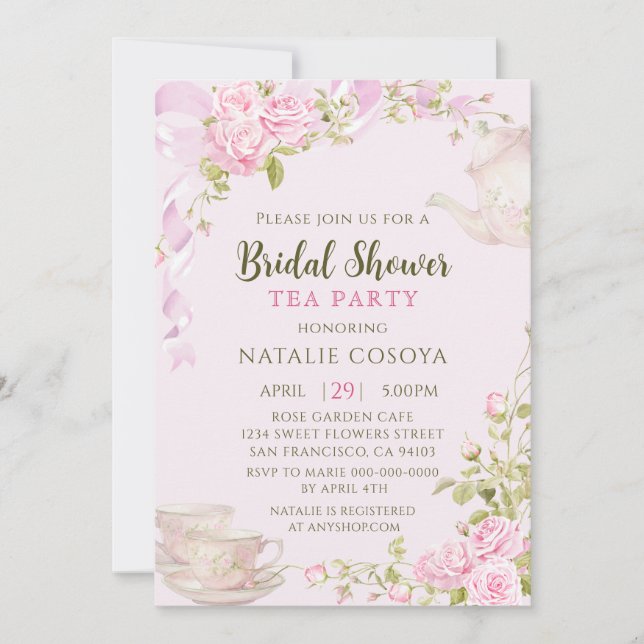 Invitation Romantic Blush Floral Bridal Shower Tea Party (Devant)