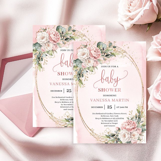 Invitation Romantic Blush Floral Greenery Girl Baby Shower (Romantic Blush Floral Greenery Girl Baby Shower)