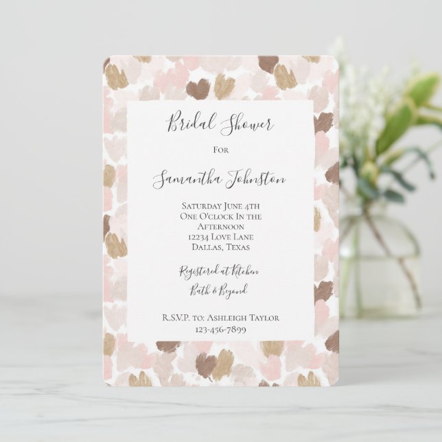 Invitation Romantic Blush Pink Brown Hearts Bridal Shower (Debout devant)