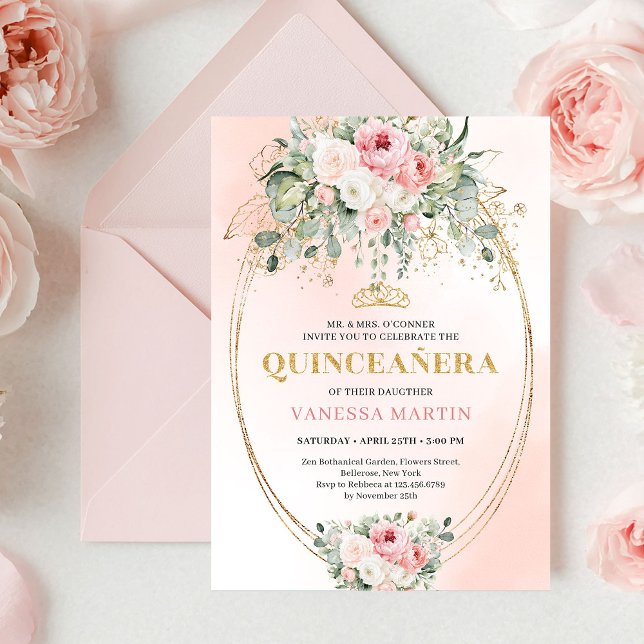 Invitation Romantic Blush Roses Bohemian Quinceañera Invite (Romantic Blush Roses Bohemian Quinceañera Invitation)