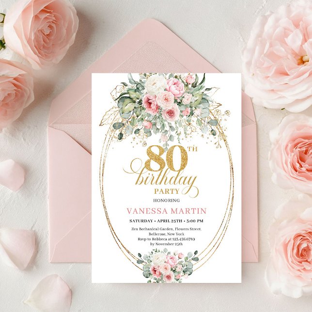 Invitation Romantic Bohemian Blush Floral Gold 80th Birthday (Romantic Bohemian Blush Floral Gold 80th Birthday)