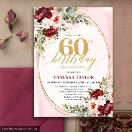 Invitation Romantic Boho Burgundy Gold Roses 60th Birthday