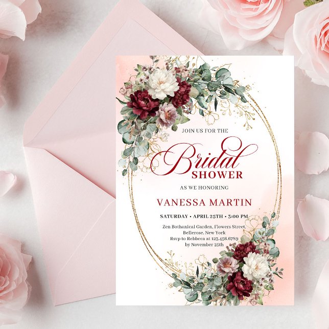 Invitation Romantic Boho Burgundy Greenery Gold Bridal Shower (Romantic Burgundy Greenery Gold Bridal Shower Invite)