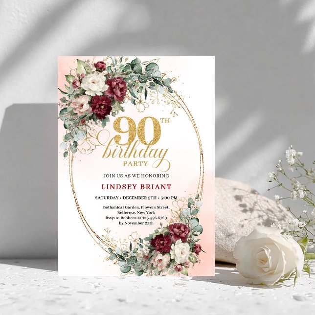 Invitation Romantic Boho Deep Red Flowers Gold 90th Birthday (Romantic Deep Red Flowers Gold 90th Birthday Invite)