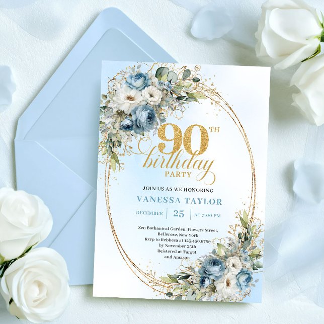 Invitation Romantic Boho Dusty Blue Flowers 90th Birthday (Romantic Boho Dusty Blue Flowers 90th Birthday)