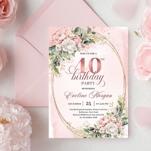 Invitation Romantic Boho Dusty Pink Flowers 40th Birthday  (Romantic Boho Dusty Pink Flowers 40th Birthday Invite

)