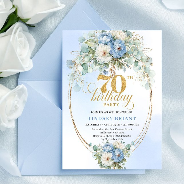 Invitation Romantic Boho Light Blue Flowers 70th Birthday  (Romantic Boho Light Blue Flowers 70th Birthday Invite

)