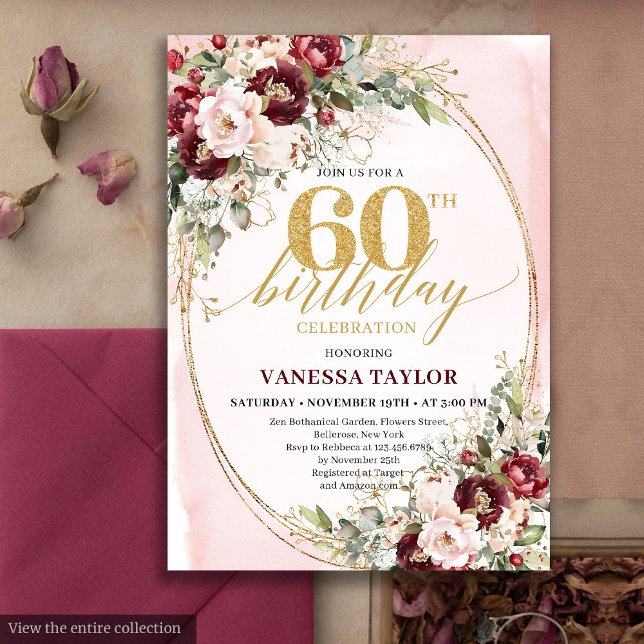 Invitation Romantic Boho Marsala Gold Floral 60th Birthday (Romantic Boho Marsala Gold Floral 60th Birthday)